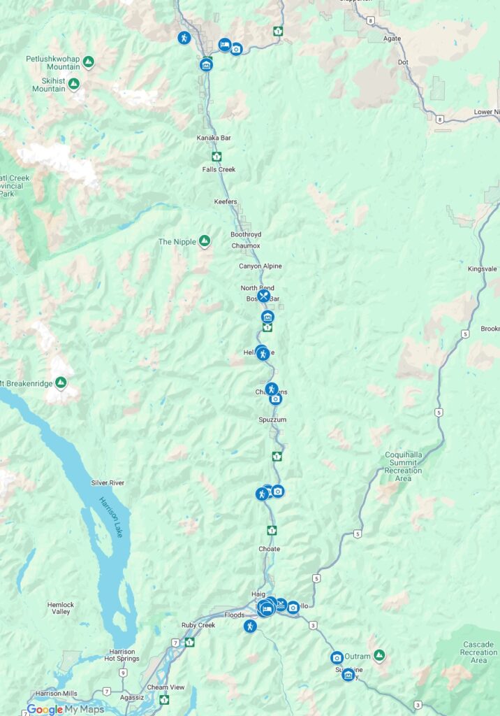 Google Map showing things to do in the Fraser Canyon