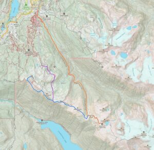 Map of hiking trails to Russet Lake near Whistler