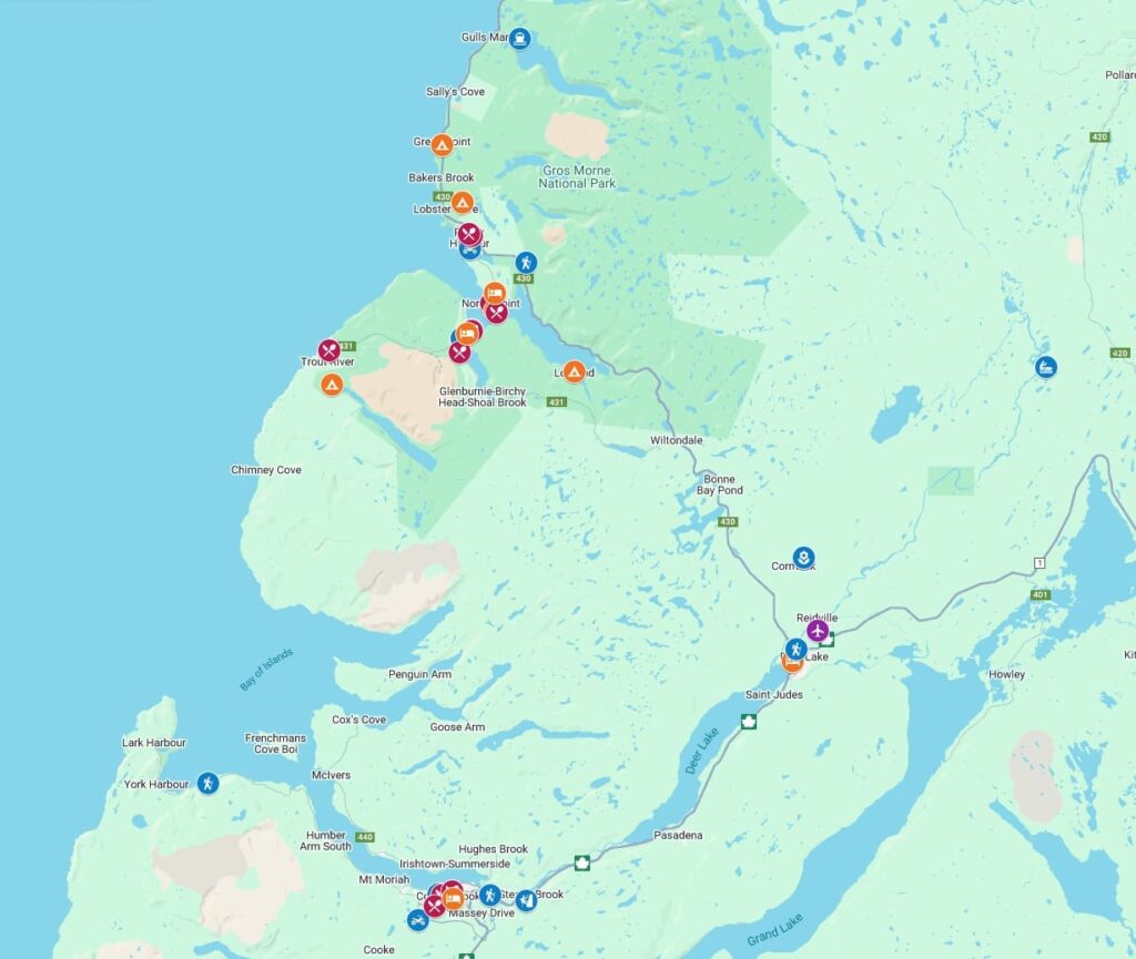 Map showing the locations of things to do in fall in Gros Morne and Western Newfoundland