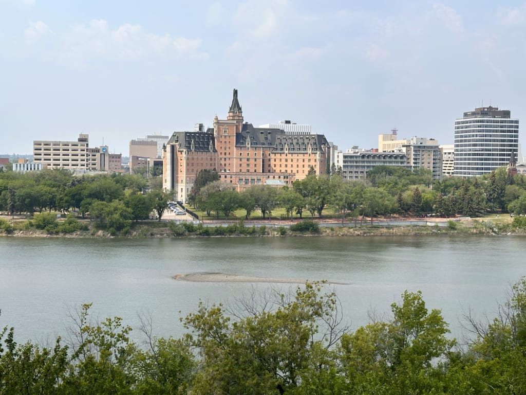 Looking across to the Hotel Bessborough from the Meewasin Valley Trail