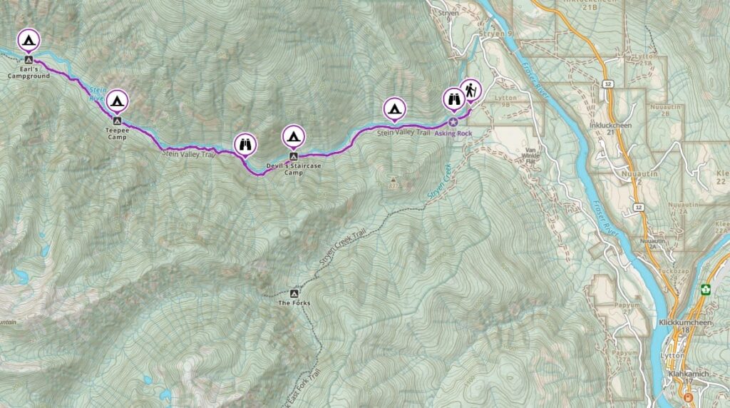 Topographic map showing the Lower Stein Valley hike