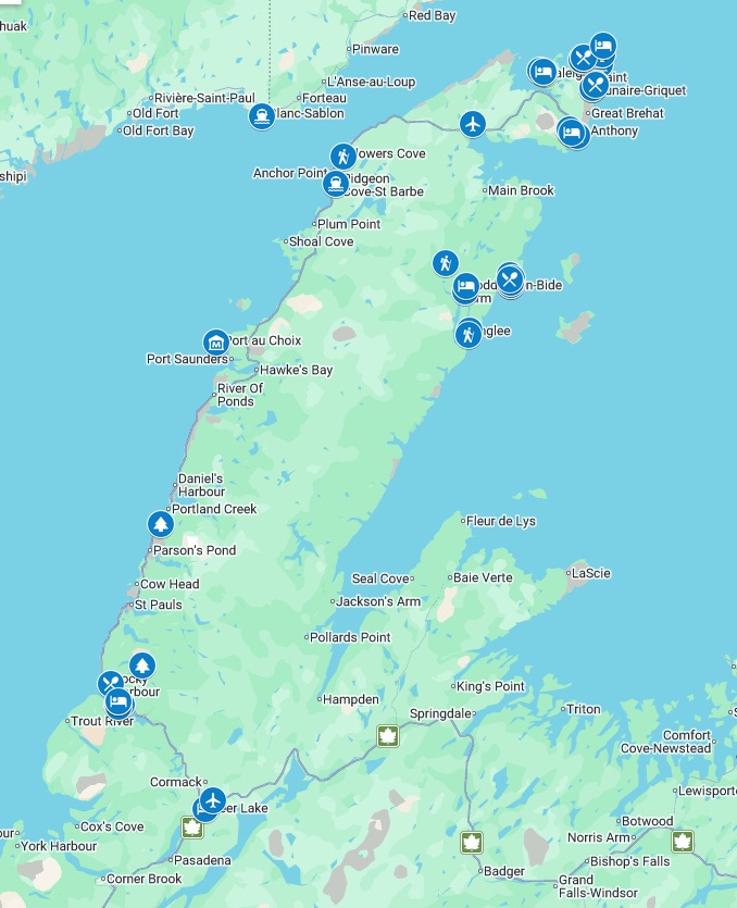A map showing things to do on the Great Northern Peninsula in Newfoundland