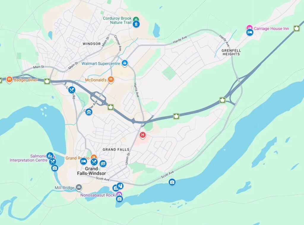 Google Map showing things to do in Grand Falls-Windsor, Newfoundland