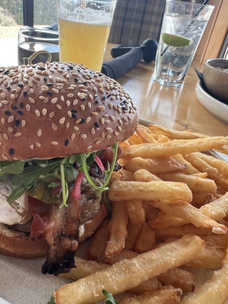 Burger and fries at Eagle Eye Restaurant at Kicking Horse Mountain Resort