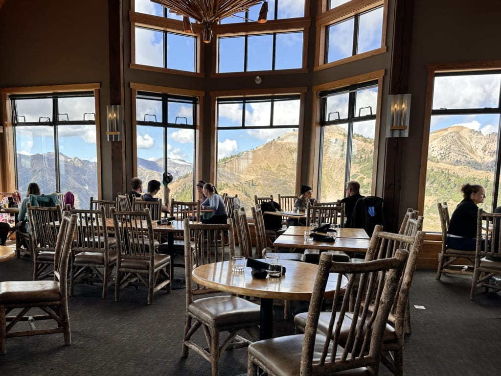 The dining room at the Eagle's Eye Restaurant at Kicking Horse Mountain Resort has great views.