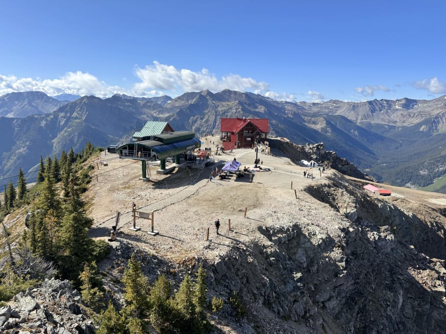 View of the top of the gondola at Kicking Horse Mountain Resort in summer. 