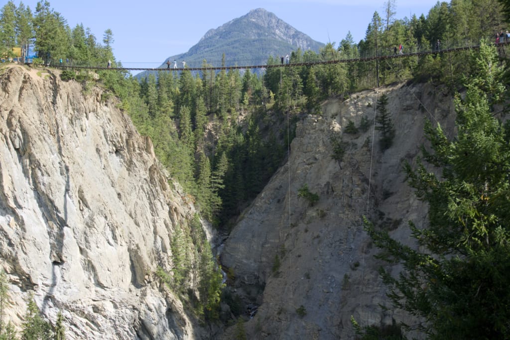 The view of the upper suspension bridge from the lower suspension bridge at Golden Skybridge