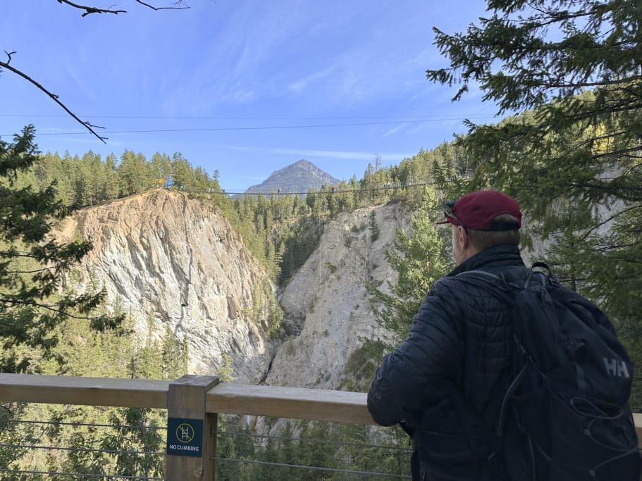 A man looks out to the Golden Skybridge from a viewing platform
