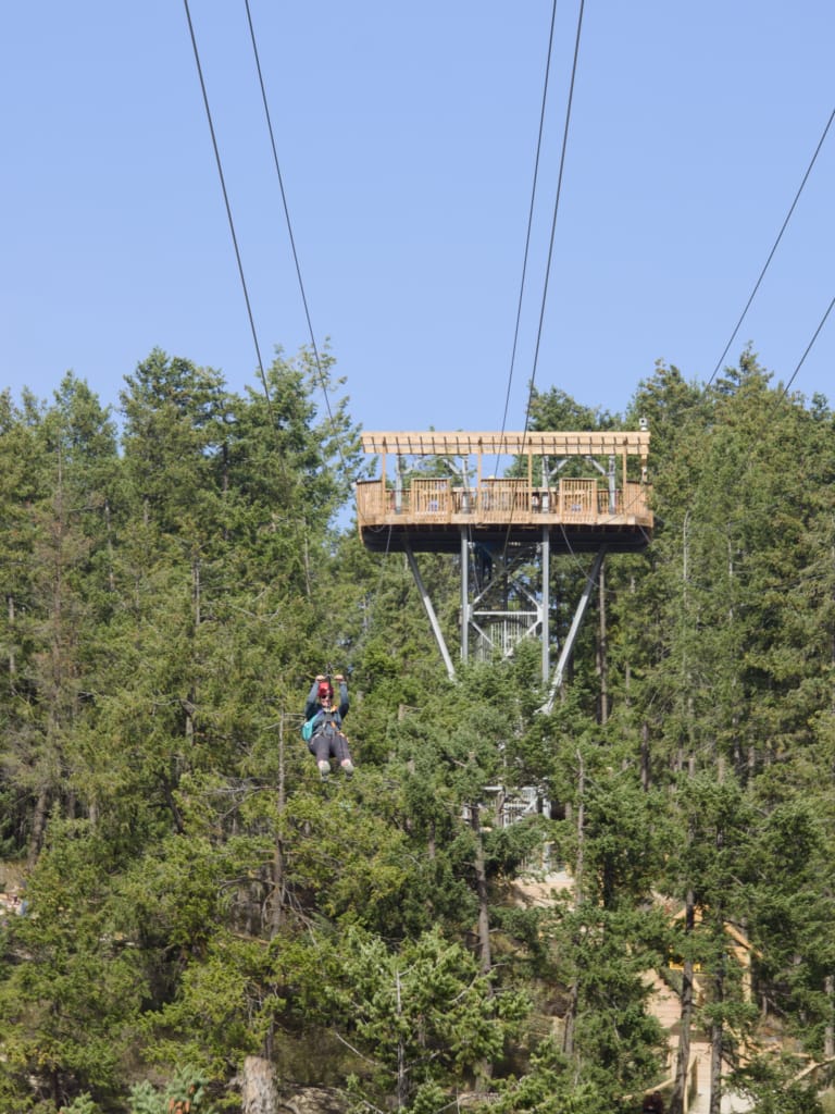 A person rides the zipline at Golden Skybridge