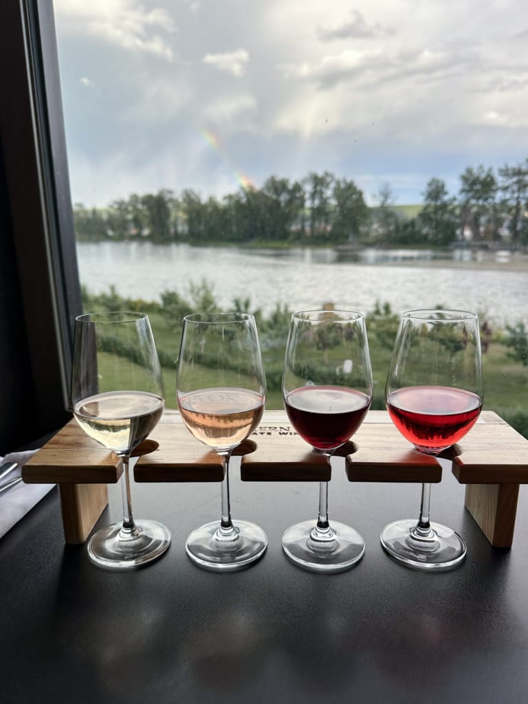 A flight of wines during a tasting at Northern Lights Estate Winery