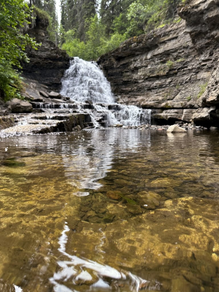 The creek flowing out of Quality Falls in a canyon near Tumbler Ridge