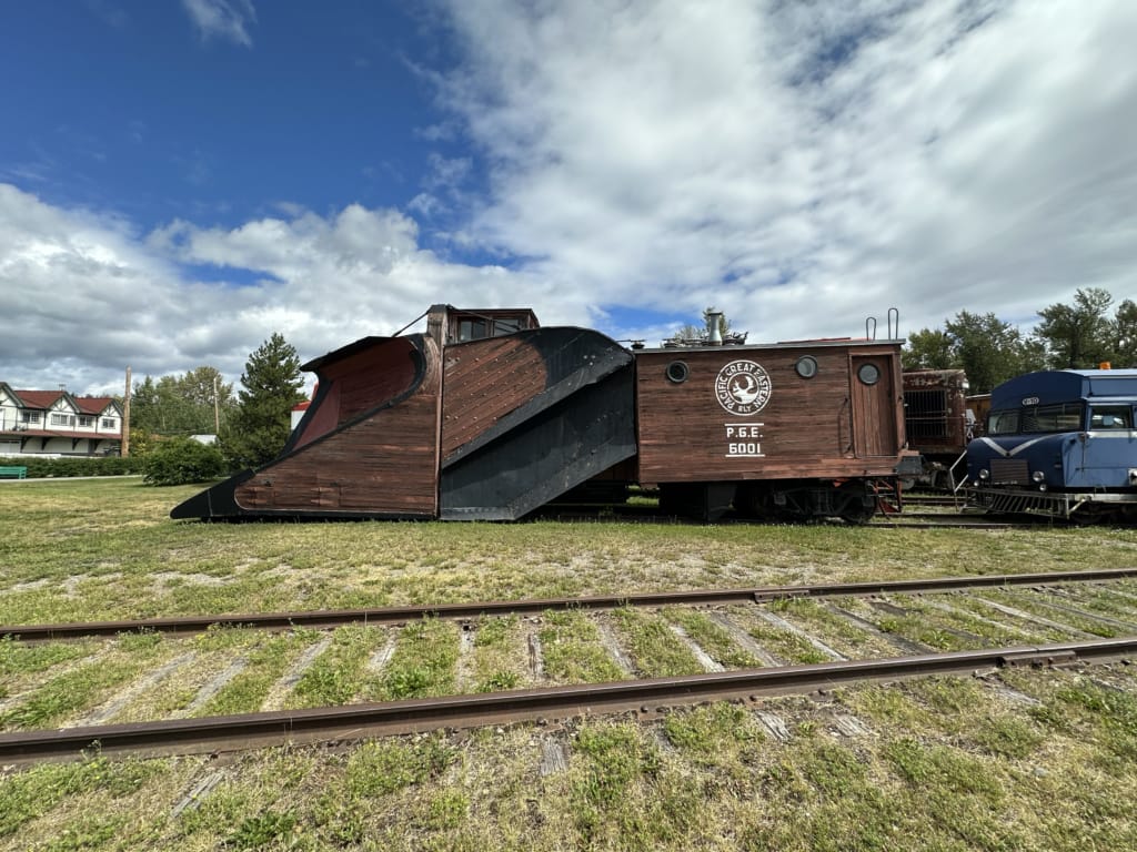 A wooden snowplow railcar at the Central BC Railway Museum