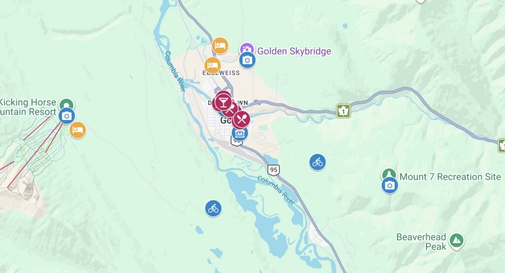 Map showing things to do in Golden, BC