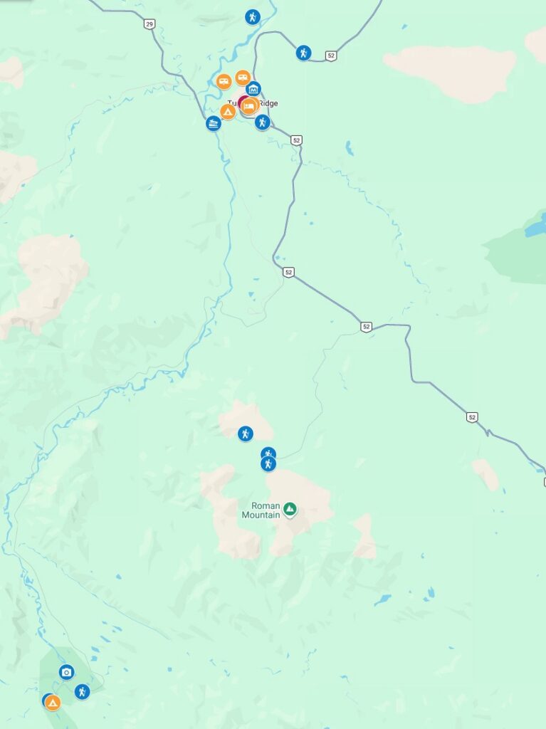 Map of showing things to do in and around Tumbler Ridge, BC. Includes hikes, waterfalls, dinosaur tracks, museums, hotels, restaurants, and more.